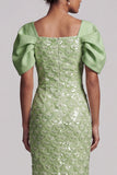 Blush Sheath Back Slit Long Sequin Mother Of the Bride Dress with Puff Sleeves