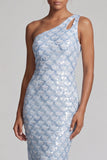 Mermaid One Shoulder Light Blue Long Mother Of the Bride Dress with Sequins