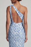 Mermaid One Shoulder Light Blue Long Mother Of the Bride Dress with Sequins
