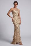 One Shoulder Champagne Mermaid Cut Out Long Mother Of the Bride Dress with Sequins