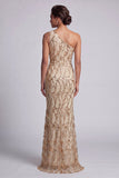 One Shoulder Champagne Mermaid Cut Out Long Mother Of the Bride Dress with Sequins