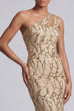 One Shoulder Champagne Mermaid Cut Out Long Mother Of the Bride Dress with Sequins