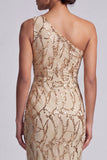 One Shoulder Champagne Mermaid Cut Out Long Mother Of the Bride Dress with Sequins