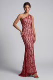 One Shoulder Champagne Mermaid Cut Out Long Mother Of the Bride Dress with Sequins