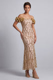 Pink Off the Shoulder Sequins Mermaid Long Mother Of the Bride Dress with 3D Flowers