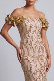 Pink Off the Shoulder Sequins Mermaid Long Mother Of the Bride Dress with 3D Flowers