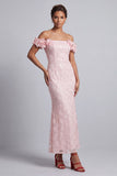 Pink Off the Shoulder Sequins Mermaid Long Mother Of the Bride Dress with 3D Flowers