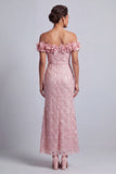 Pink Off the Shoulder Sequins Mermaid Long Mother Of the Bride Dress with 3D Flowers