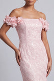 Pink Off the Shoulder Sequins Mermaid Long Mother Of the Bride Dress with 3D Flowers