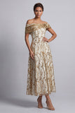Off the ShouldeRedr A-Line Midi Mother Of the Bride Dress with Sequins