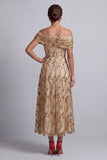 Off the ShouldeRedr A-Line Midi Mother Of the Bride Dress with Sequins