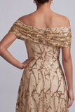 Off the ShouldeRedr A-Line Midi Mother Of the Bride Dress with Sequins