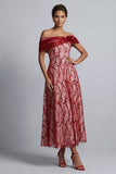 Off the ShouldeRedr A-Line Midi Mother Of the Bride Dress with Sequins