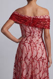 Off the ShouldeRedr A-Line Midi Mother Of the Bride Dress with Sequins