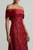 Red A-Line Off the Shoulder Long Mother Of the Bride Dress with Sequins