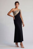 One Shoulder Mermaid Black and Champagne Long Mother Of the Bride Dress with Sequins