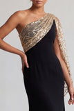 One Shoulder Mermaid Black and Champagne Long Mother Of the Bride Dress with Sequins