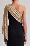 One Shoulder Mermaid Black and Champagne Long Mother Of the Bride Dress with Sequins