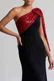 One Shoulder Mermaid Black and Champagne Long Mother Of the Bride Dress with Sequins