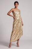Sparkly Silver One Shoulder Mermaid Midi Asymmetrical Mother Of the Bride Dress with Sequins