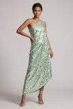 Sparkly Silver One Shoulder Mermaid Midi Asymmetrical Mother Of the Bride Dress with Sequins