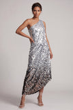Sparkly Silver One Shoulder Mermaid Midi Asymmetrical Mother Of the Bride Dress with Sequins