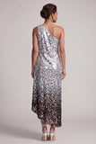 Sparkly Silver One Shoulder Mermaid Midi Asymmetrical Mother Of the Bride Dress with Sequins