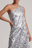 Sparkly Silver One Shoulder Mermaid Midi Asymmetrical Mother Of the Bride Dress with Sequins