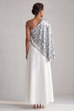 One Shoulder Green A-Line Long Mother Of the Bride Dress with Sequins