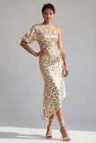 One Shoulder Champagne Mermaid Asymmetrical Midi Sequin Mother Of the Bride Dress