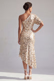One Shoulder Champagne Mermaid Asymmetrical Midi Sequin Mother Of the Bride Dress