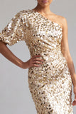 One Shoulder Champagne Mermaid Asymmetrical Midi Sequin Mother Of the Bride Dress