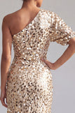 One Shoulder Champagne Mermaid Asymmetrical Midi Sequin Mother Of the Bride Dress