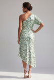 One Shoulder Champagne Mermaid Asymmetrical Midi Sequin Mother Of the Bride Dress