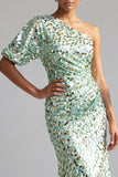 One Shoulder Champagne Mermaid Asymmetrical Midi Sequin Mother Of the Bride Dress