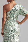 One Shoulder Champagne Mermaid Asymmetrical Midi Sequin Mother Of the Bride Dress