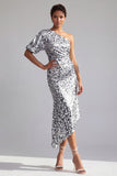 One Shoulder Champagne Mermaid Asymmetrical Midi Sequin Mother Of the Bride Dress
