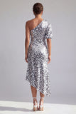One Shoulder Champagne Mermaid Asymmetrical Midi Sequin Mother Of the Bride Dress