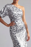 One Shoulder Champagne Mermaid Asymmetrical Midi Sequin Mother Of the Bride Dress