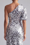 One Shoulder Champagne Mermaid Asymmetrical Midi Sequin Mother Of the Bride Dress