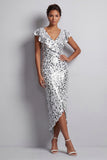 Mermaid Silver Asymmetrical Sequins Midi Mother Of the Bride Dress with Ruffles