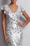 Mermaid Silver Asymmetrical Sequins Midi Mother Of the Bride Dress with Ruffles