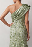 One Shoulder Mermaid Peach Sequins Asymmetrical Long  Mother Of the Bride Dress