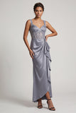 Grey Blue Corset Mermaid Ruched Sequins Long Mother Of the Bride Dress with Ruffles