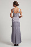 Grey Blue Corset Mermaid Ruched Sequins Long Mother Of the Bride Dress with Ruffles