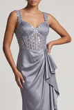 Grey Blue Corset Mermaid Ruched Sequins Long Mother Of the Bride Dress with Ruffles