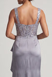 Grey Blue Corset Mermaid Ruched Sequins Long Mother Of the Bride Dress with Ruffles