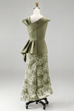 Dusty Sage Mermaid Asymmetrical Floral Midi Mother Of the Bride Dress with 3D Flowers