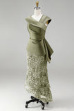 Dusty Sage Mermaid Asymmetrical Floral Midi Mother Of the Bride Dress with 3D Flowers