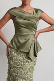 Dusty Sage Mermaid Asymmetrical Floral Midi Mother Of the Bride Dress with 3D Flowers